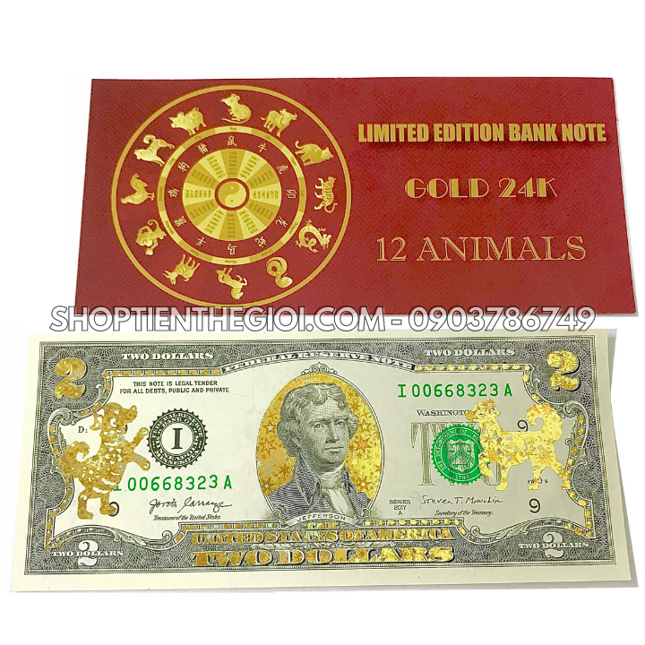 Tiền 2 USD in hình Con Chó 3D nhũ vàng - SP005561